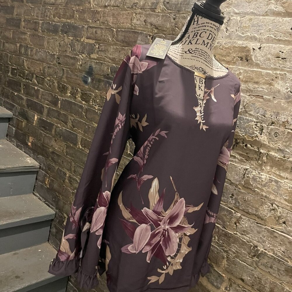 Diane Gilman Gray & Mauve Lily Print Silky Shirt Size XL (BNWT)